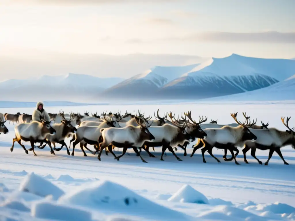 Grupo de Nenets heredando renos en la tundra nevada de Siberia, con un paisaje vasto y sereno