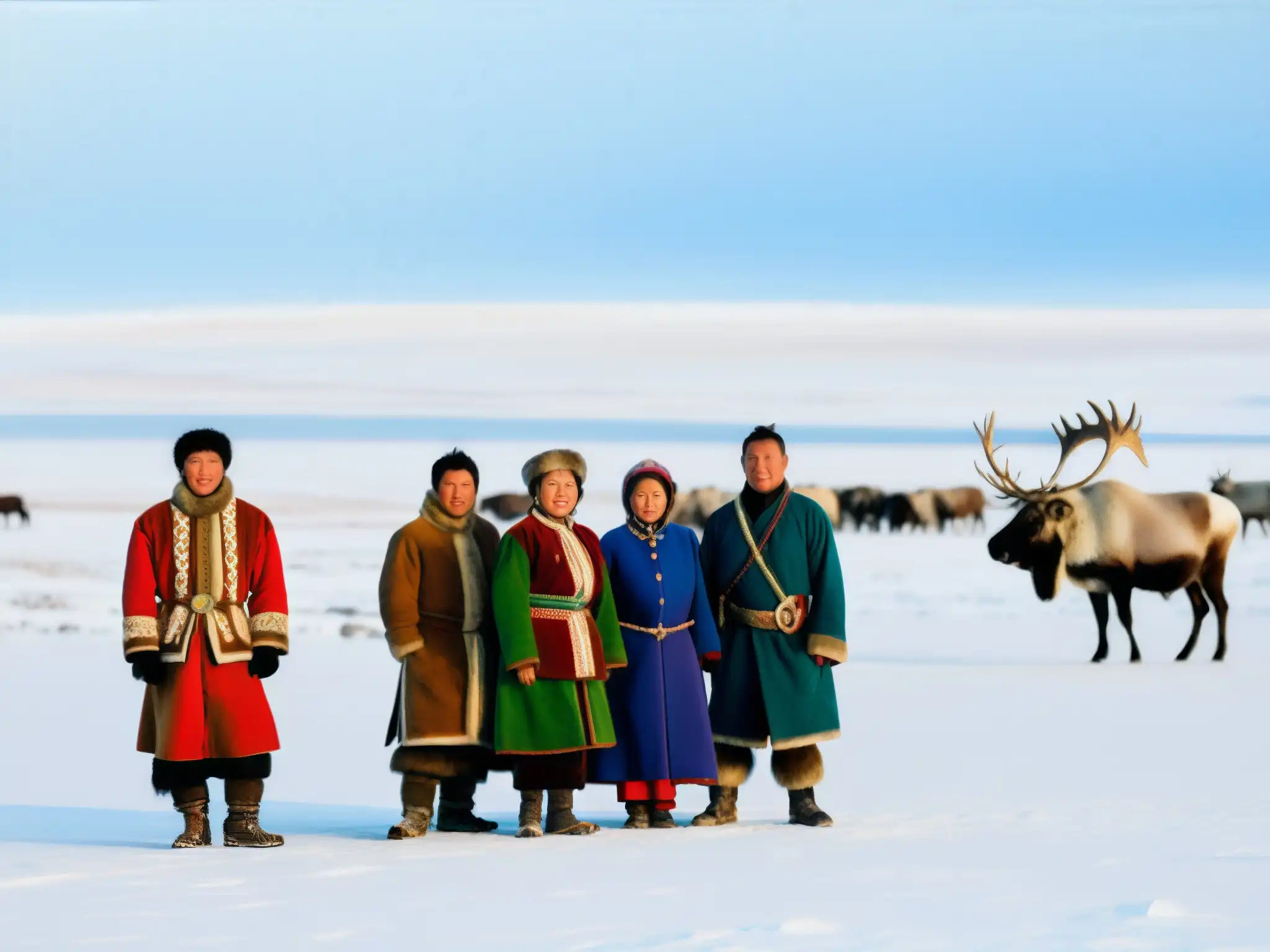 Un grupo de Nenets en trajes tradicionales frente a la tundra siberiana