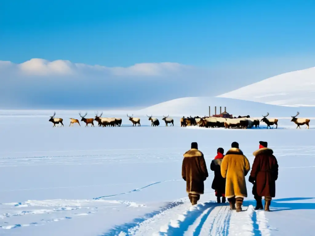 Grupo de Nenets en vestimenta tradicional pastoreando renos en la gélida Siberia, enfrentando desafíos legales por la explotación petrolera en Rusia