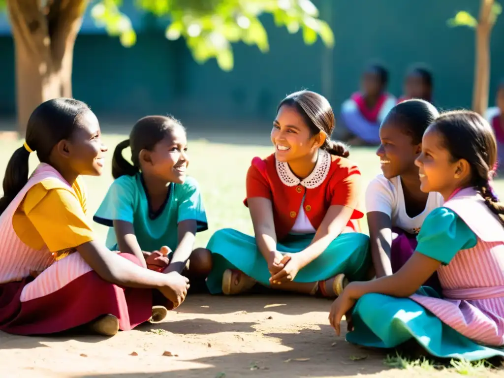 Un grupo de niñas de una comunidad desplazada participa en una animada discusión con su maestra bajo la luz del sol entre los árboles, promoviendo la educación inclusiva para niñas desplazadas