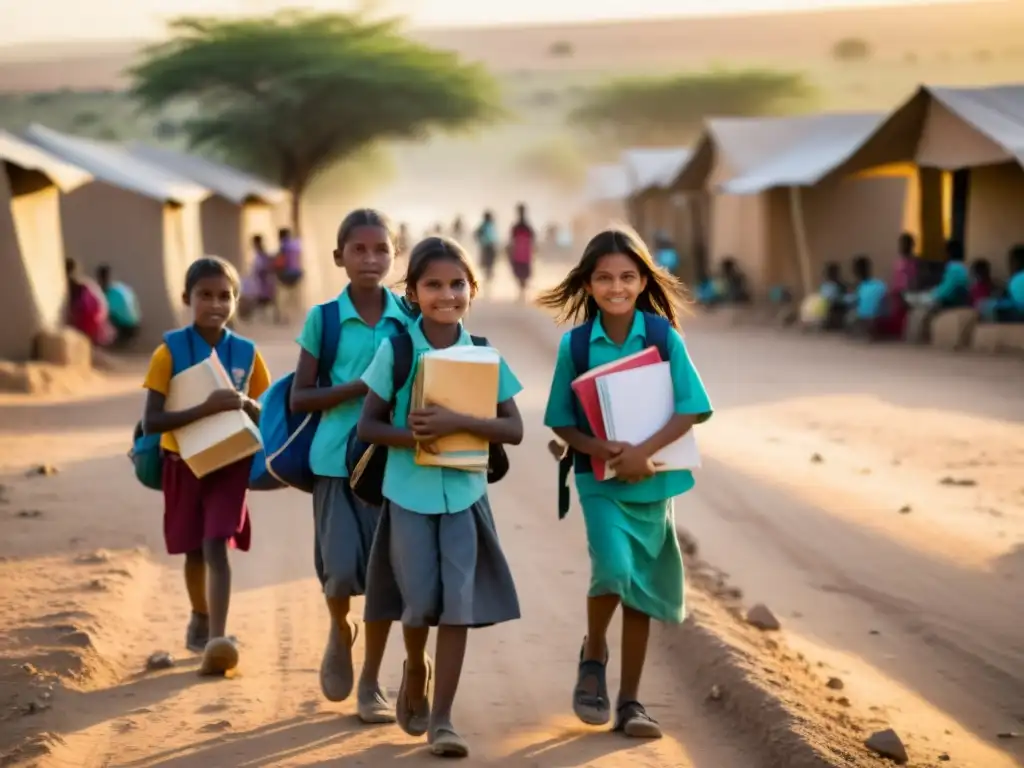 Grupo de niñas desplazadas caminando hacia la escuela, mostrando su determinación y la necesidad de educación inclusiva para niñas desplazadas