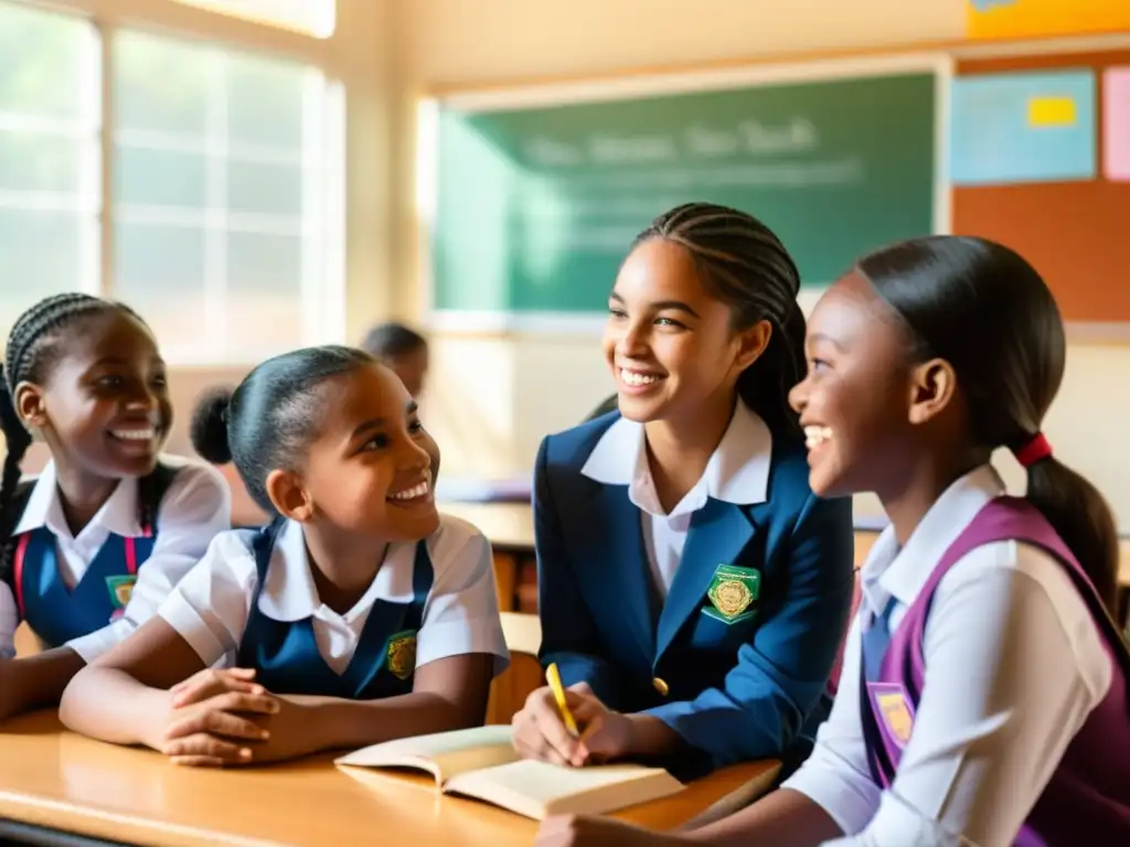 Grupo de niñas diversas en aula, discutiendo animadamente rodeadas de materiales educativos