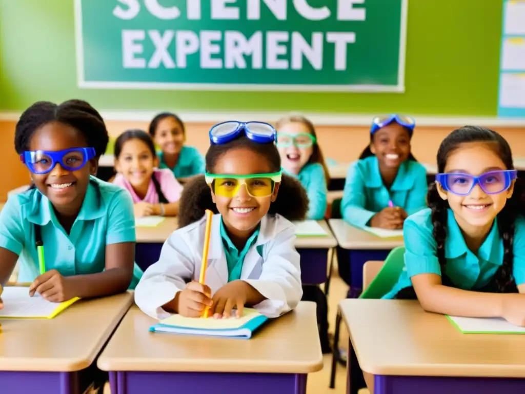 Grupo de niñas participando entusiastas en un experimento de ciencias en un aula, desafiando estereotipos de género en educación