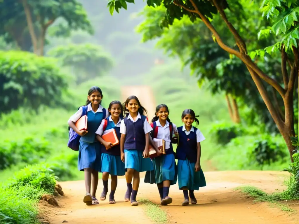 Grupo de niñas en la India rural caminando hacia la escuela entre la exuberante naturaleza