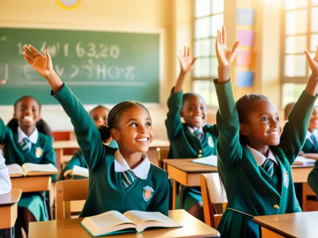 Grupo de niñas en salón de clases levantando la mano para participar, mientras la maestra escucha atentamente