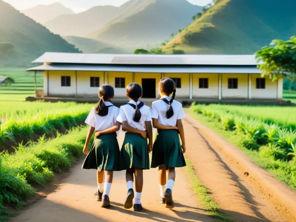 Grupo de niñas en uniforme escolar caminando hacia la escuela en un pueblo rural, con montañas y campos verdes al fondo