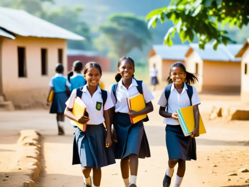 Grupo de niñas con uniforme escolar caminando hacia la escuela en una aldea rural, rodeadas de esperanza y apoyo comunitario