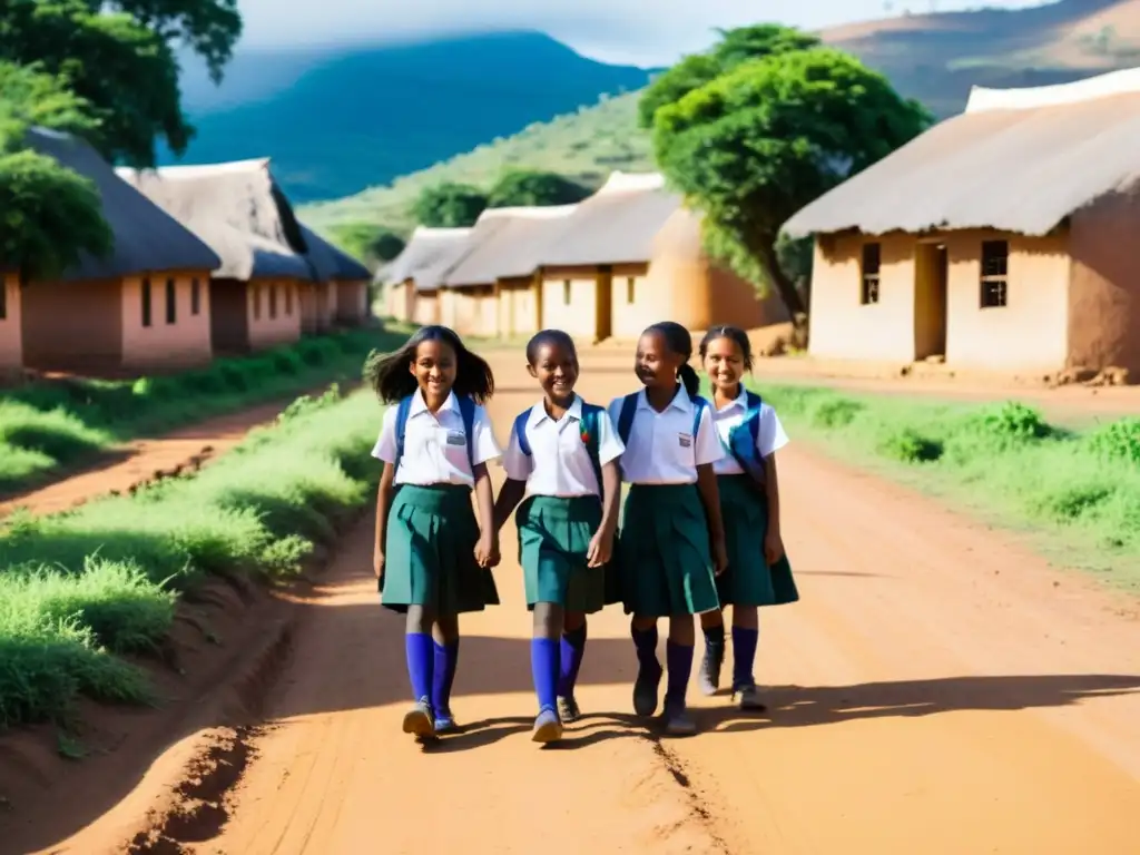 Niñas felices caminando hacia la escuela en una aldea rural Un grupo de niñas en uniforme escolar camina tomadas de la mano por un camino polvoriento en una aldea rural