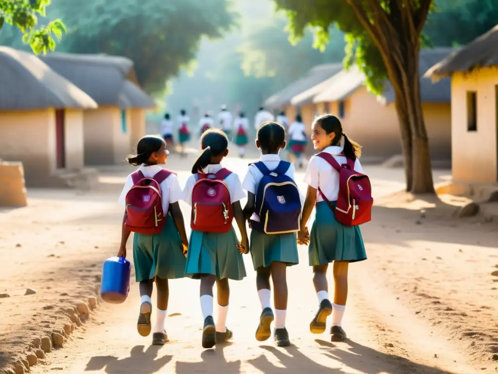 Jóvenes unidas, camino hacia la educación Un grupo de niñas en uniforme escolar caminan tomadas de la mano por un sendero polvoriento en un pueblo