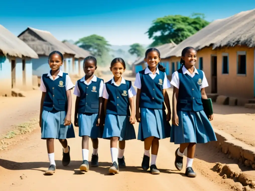 Esperanza en acción: Niñas escolares caminando juntas Grupo de niñas en uniforme escolar caminando de la mano por un camino polvoriento en una aldea, simbolizando la educación femenina en países en desarrollo