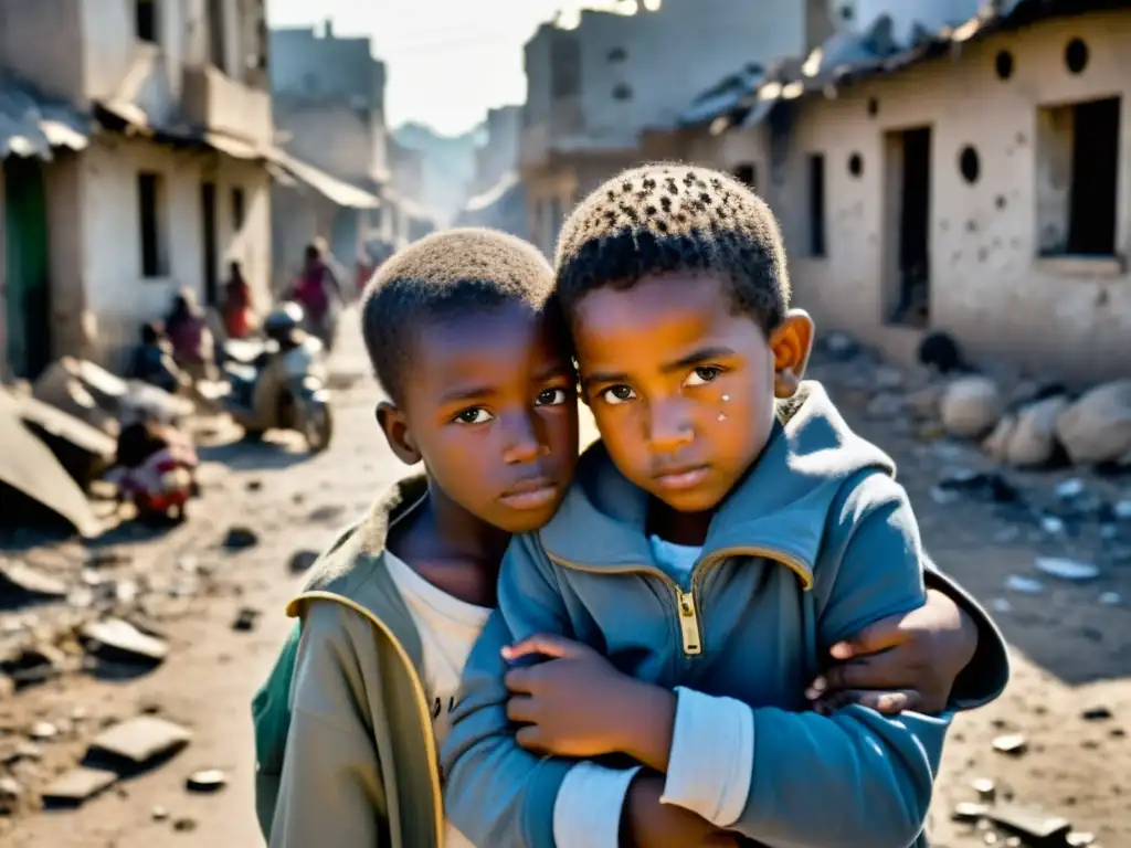 Grupo de niños abrazados en una calle de guerra, reflejando miedo, resiliencia y esperanza