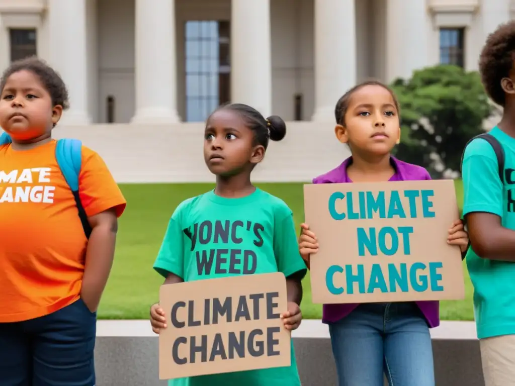 Grupo de niños activistas con carteles sobre cambio climático frente a un edificio gubernamental