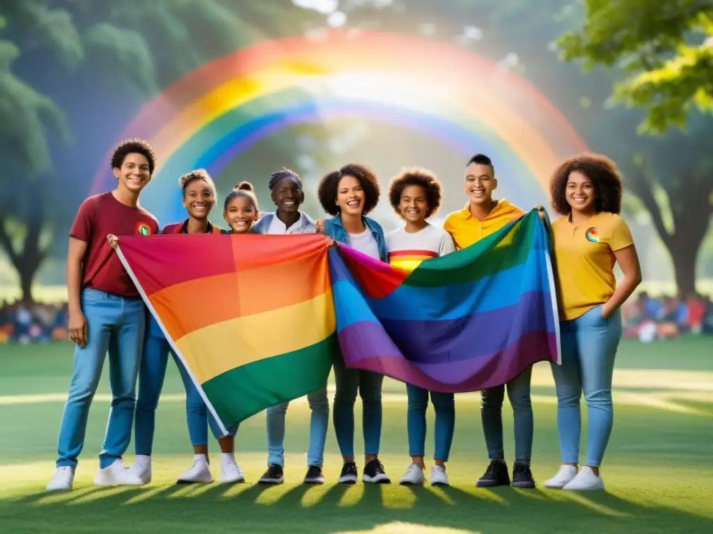 Un grupo de niños y adolescentes diversos sostienen una bandera del orgullo LGBTIQ+ en un parque soleado, transmitiendo alegría y solidaridad