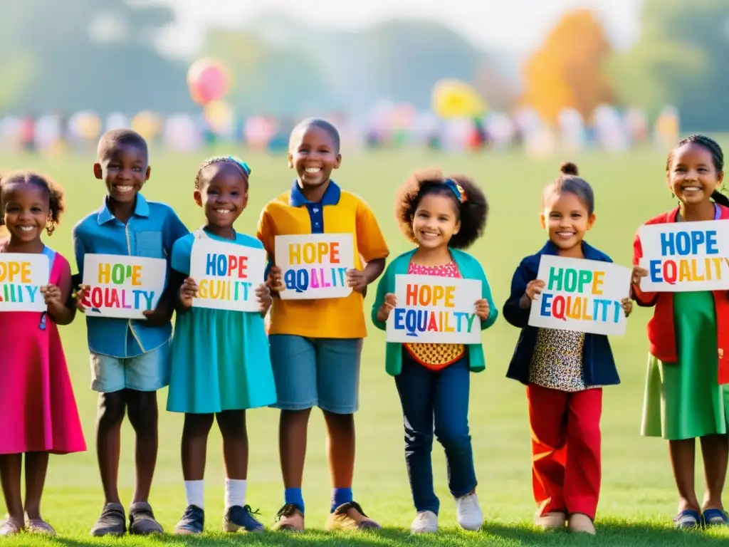 Un grupo de niños y adultos sosteniendo carteles en un campo soleado, transmitiendo alegría y apoyo a los derechos humanos de la infancia