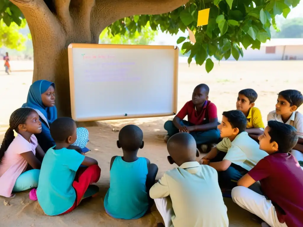 Un grupo de niños y adultos refugiados participa en un programa de educación en derechos humanos bajo un árbol