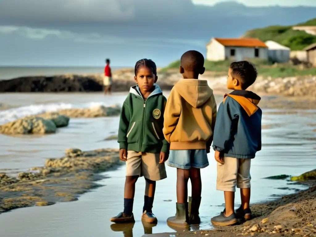 Grupo de niños en aldea costera observando el impacto del cambio climático en los derechos humanos