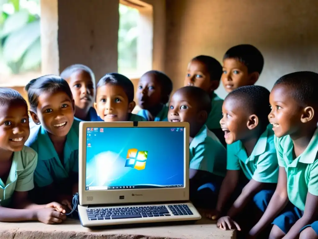 Un grupo de niños de una aldea rural observa entusiasmado cómo un maestro les muestra cómo usar una computadora por primera vez