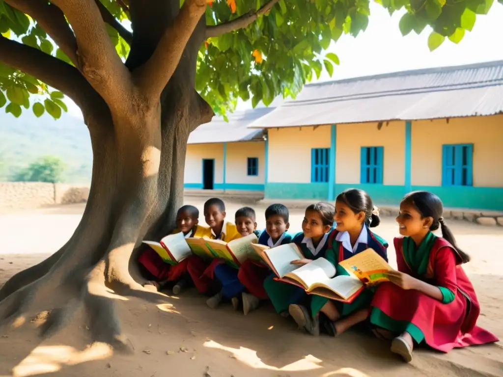 Grupo de niños en una aldea rural participando en una lección bajo un árbol