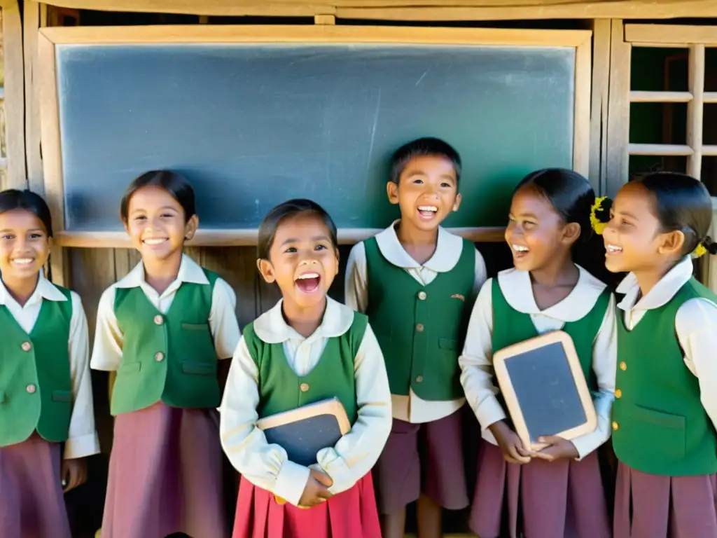 Un grupo de niños en una aldea rural escuchando atentamente a su maestra frente a una pizarra