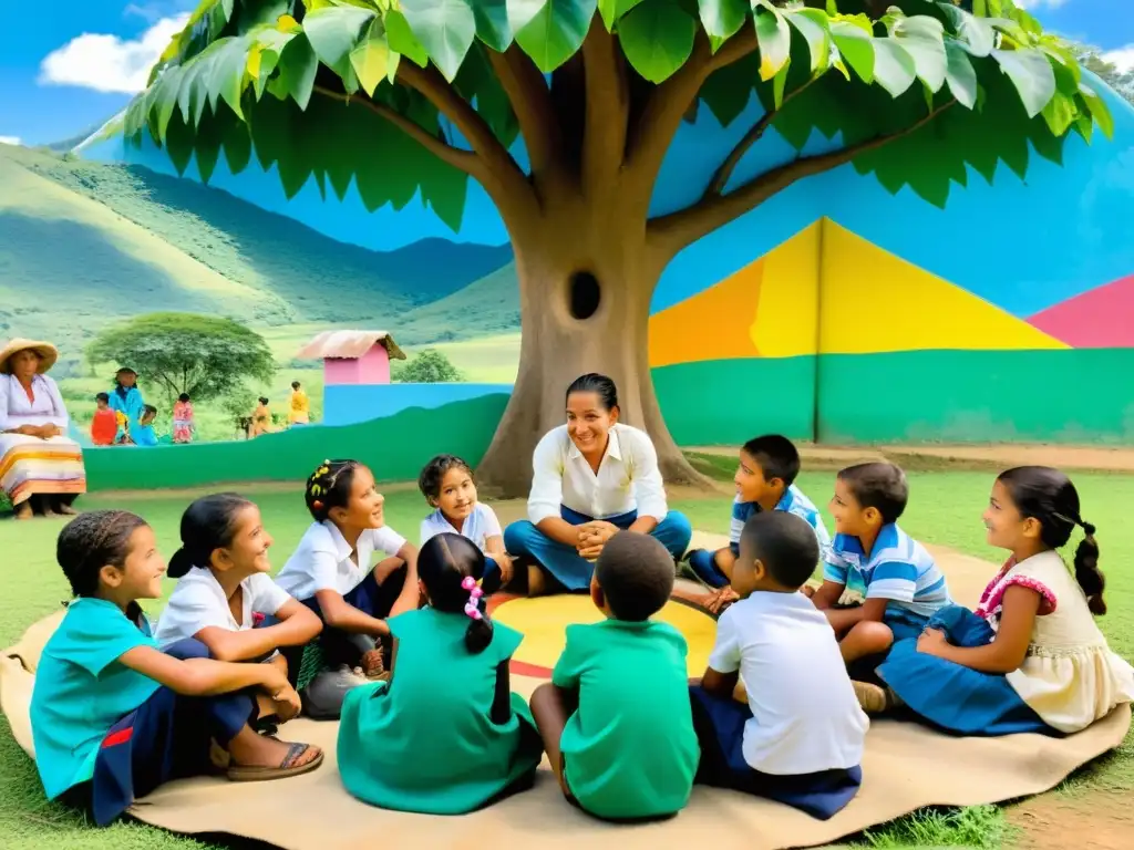 Un grupo de niños de una aldea rural de Colombia escuchan atentos a un líder comunitario bajo un árbol