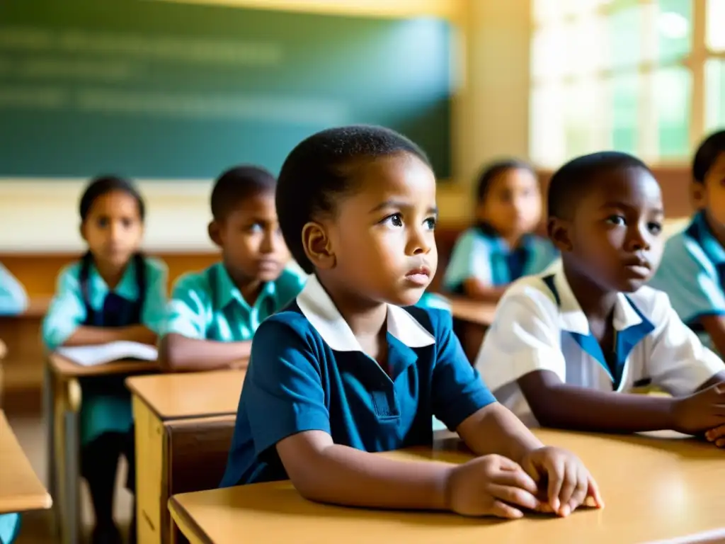 Grupo de niños en ambiente escolar autoritario, reflejando impacto en la educación infantil