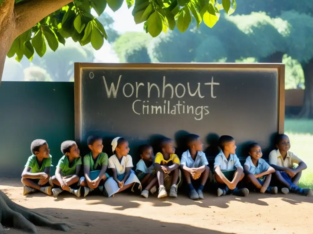 Grupo de niños estudian bajo árbol, desafiando la pobreza