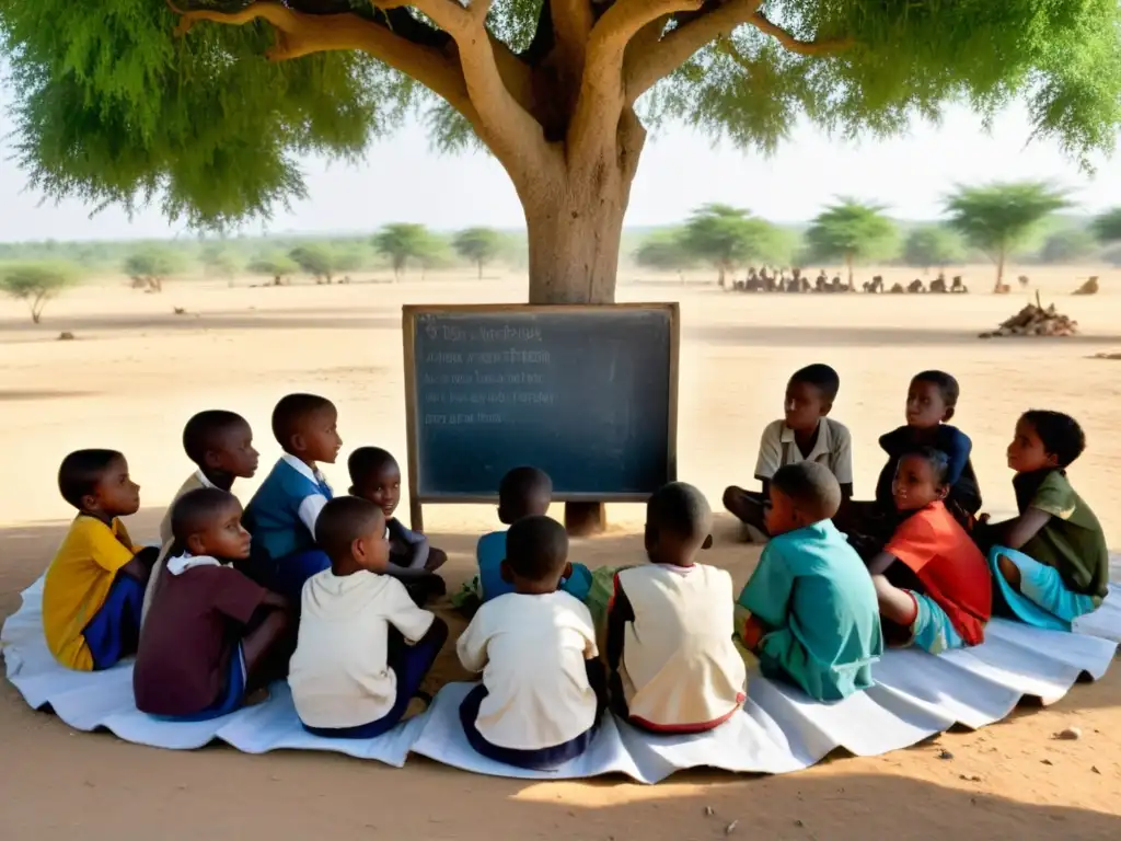 Grupo de niños aprendiendo bajo un árbol en zona de conflicto, demostrando resiliencia educativa en situaciones adversas