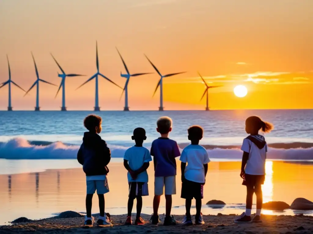 Un grupo de niños observa el atardecer en la playa, con turbinas eólicas y paneles solares al fondo