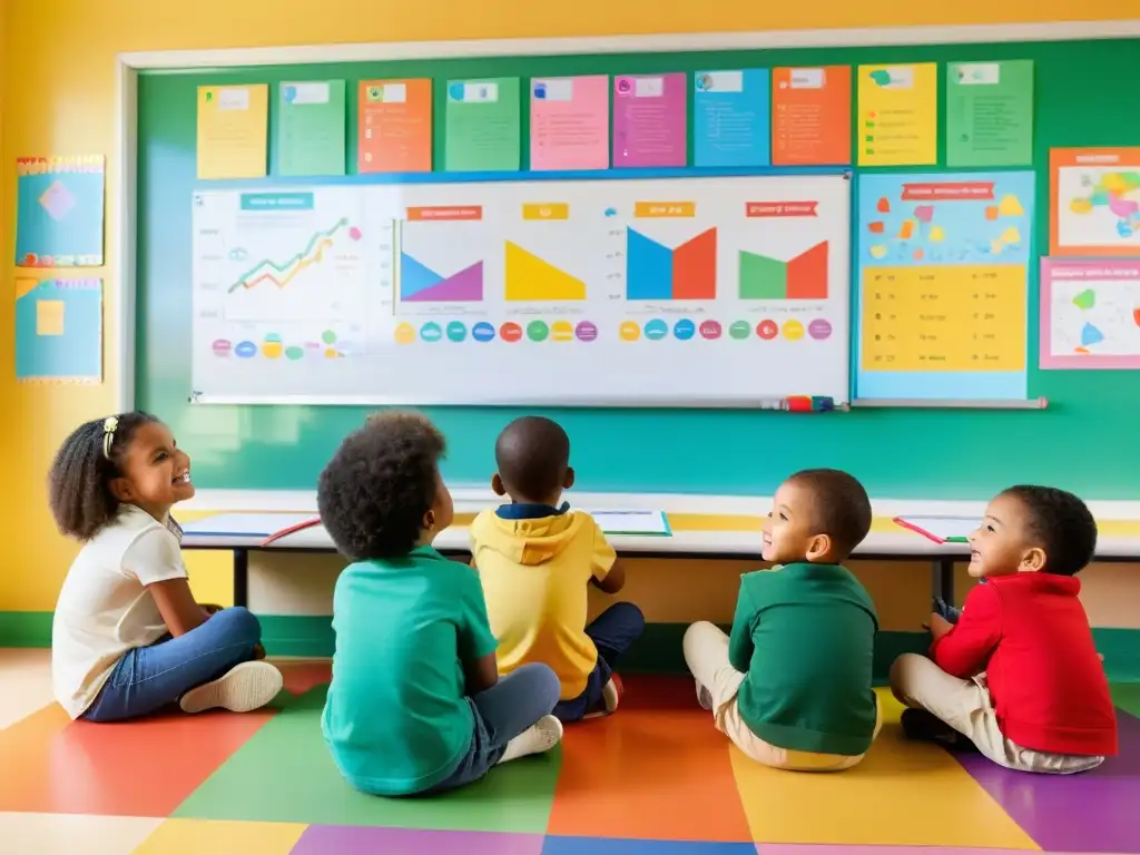 Grupo de niños atentos en aula colorida, iluminada por luz natural, aprendiendo con entusiasmo