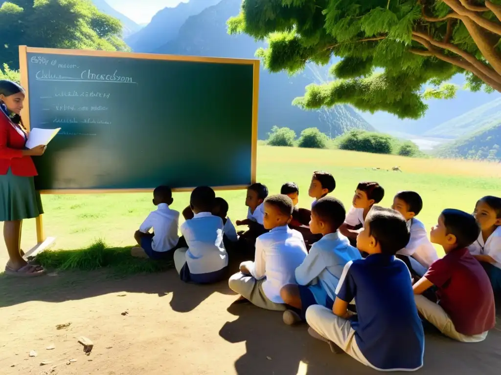 Un grupo de niños en un aula al aire libre rodeados de naturaleza, recibiendo clases con esperanza y concentración