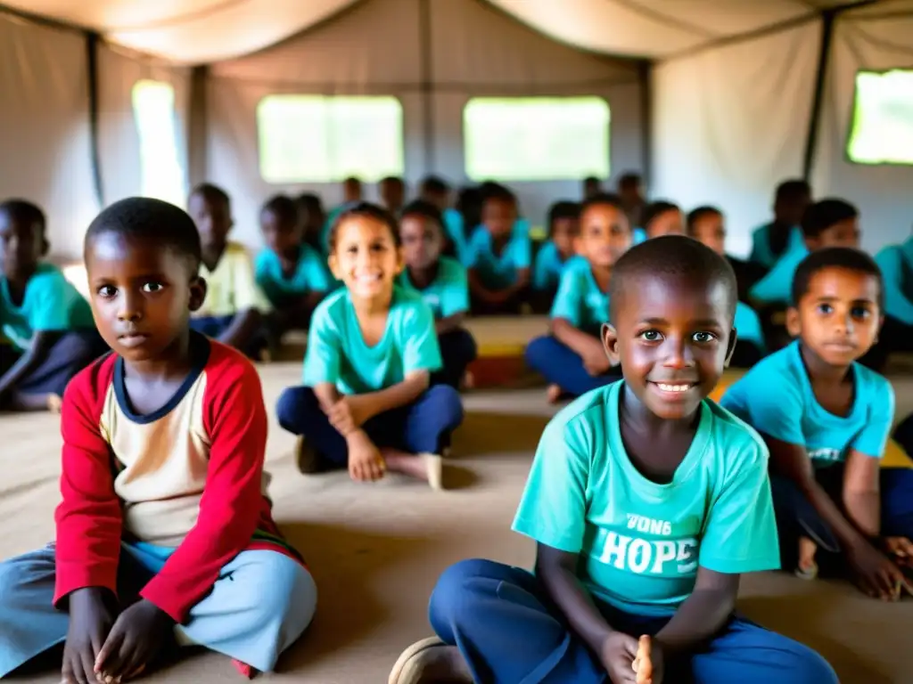 Un grupo de niños en un aula improvisada en un campamento de refugiados, participando con entusiasmo en una lección