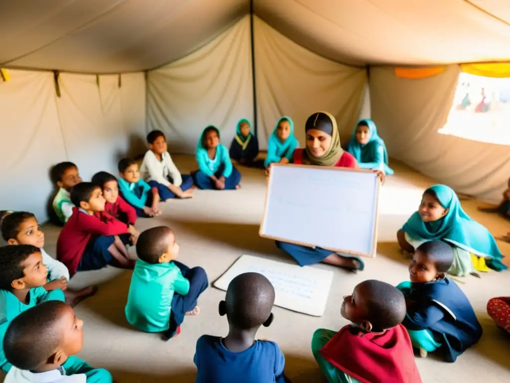 Un grupo de niños en un aula improvisada en un campamento de refugiados, enfrentando desafíos educativos con esperanza y determinación