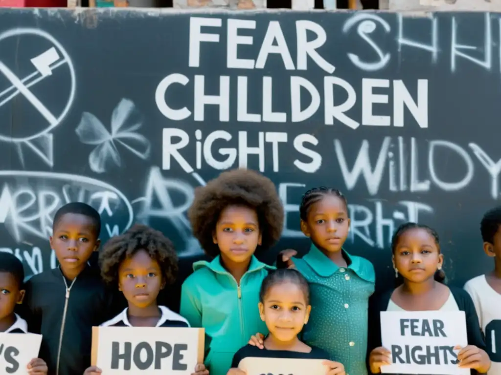 Un grupo de niños en un barrio decadente, algunos con carteles por los derechos de los niños