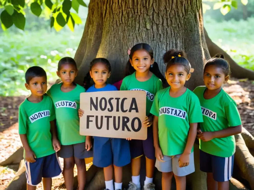 Un grupo de niños con camisetas coloridas sostienen carteles en un bosque