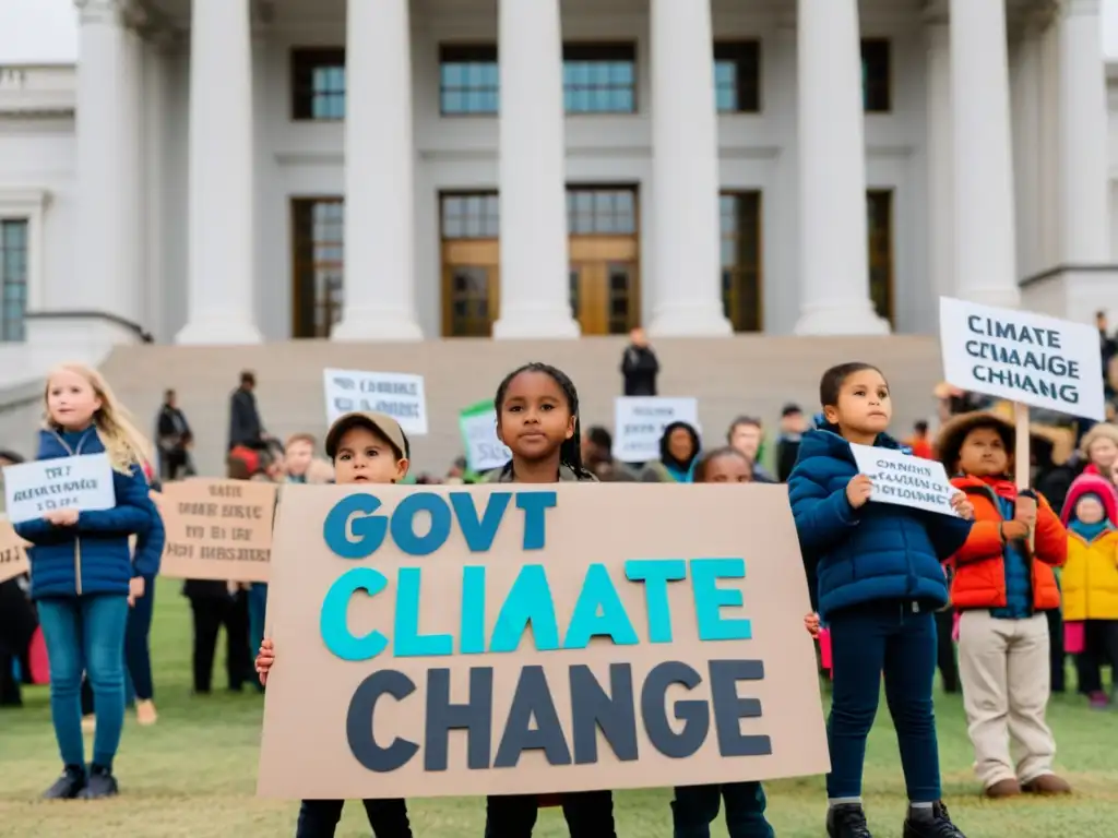 Grupo de niños con carteles sobre cambio climático frente a un edificio gubernamental, unidos por la protección de derechos ambientales