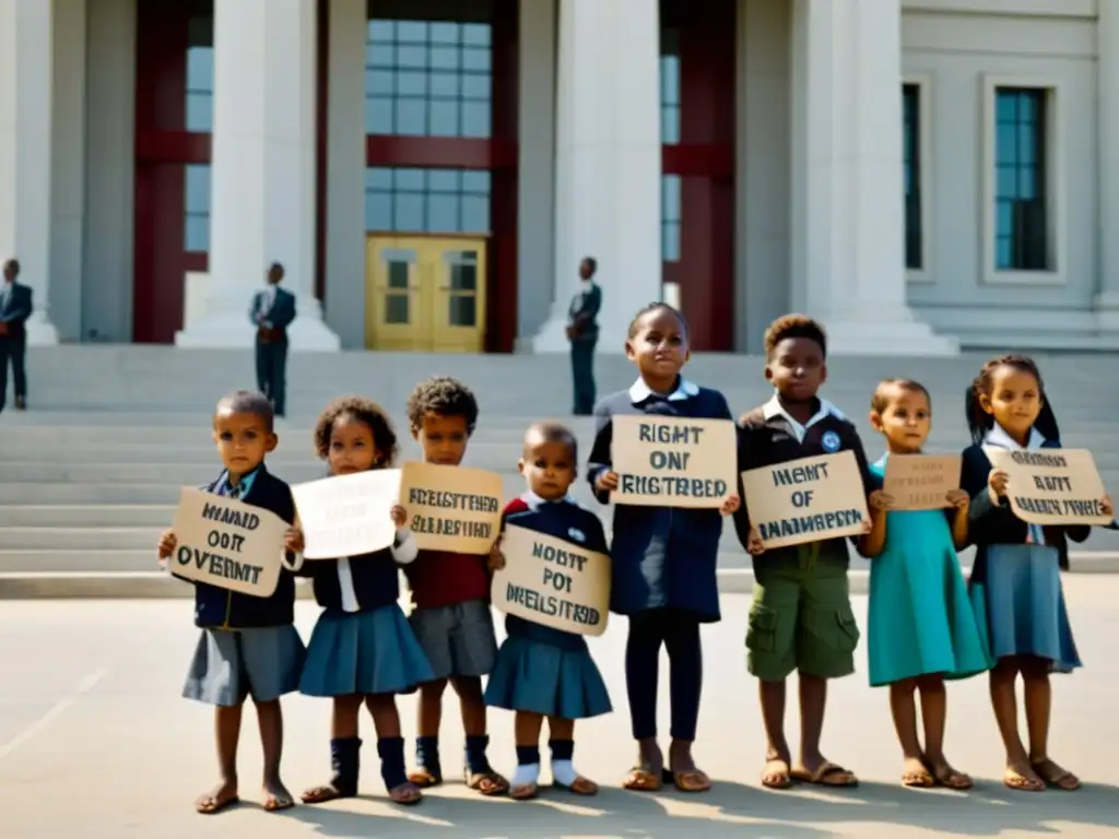 Un grupo de niños sostiene carteles por los derechos humanos de infantes sin registro, frente a un edificio gubernamental ominoso