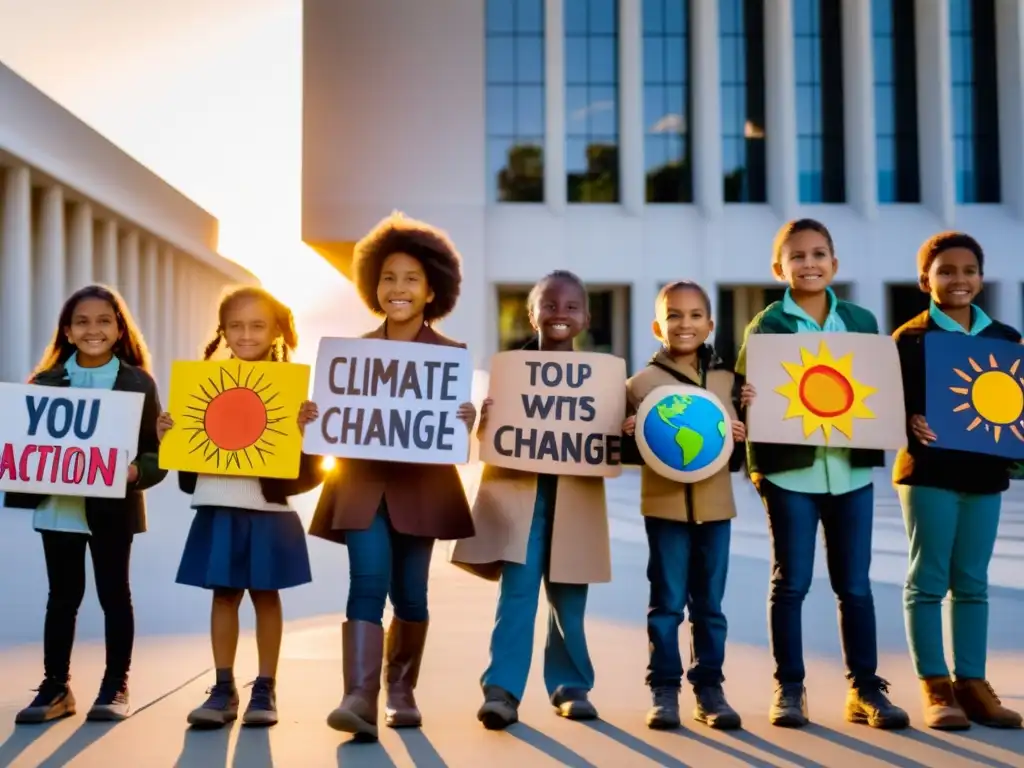 Grupo de niños con carteles impactantes sobre cambio climático frente a un edificio gubernamental al atardecer