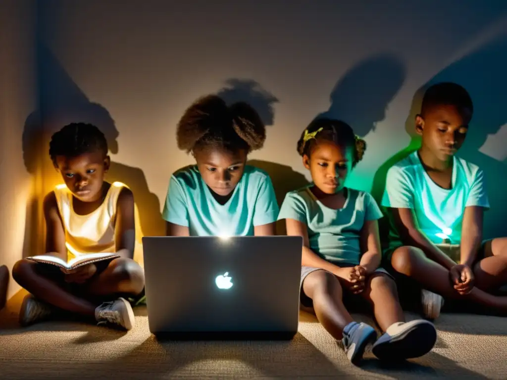 Grupo de niños en clase virtual, iluminados por la pantalla de un portátil en una habitación tenue