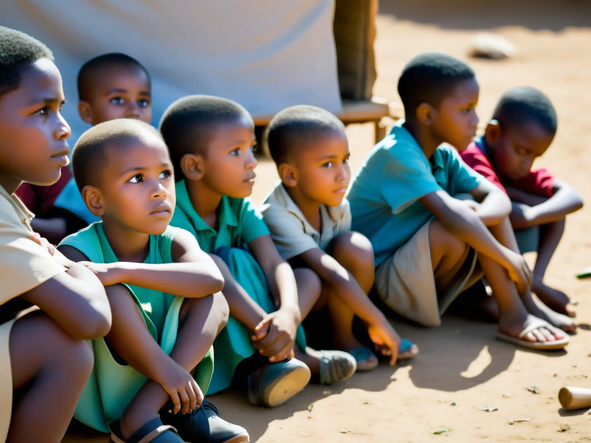 Un grupo de niños de una comunidad empobrecida escucha atentamente a un educador en un aula improvisada al aire libre