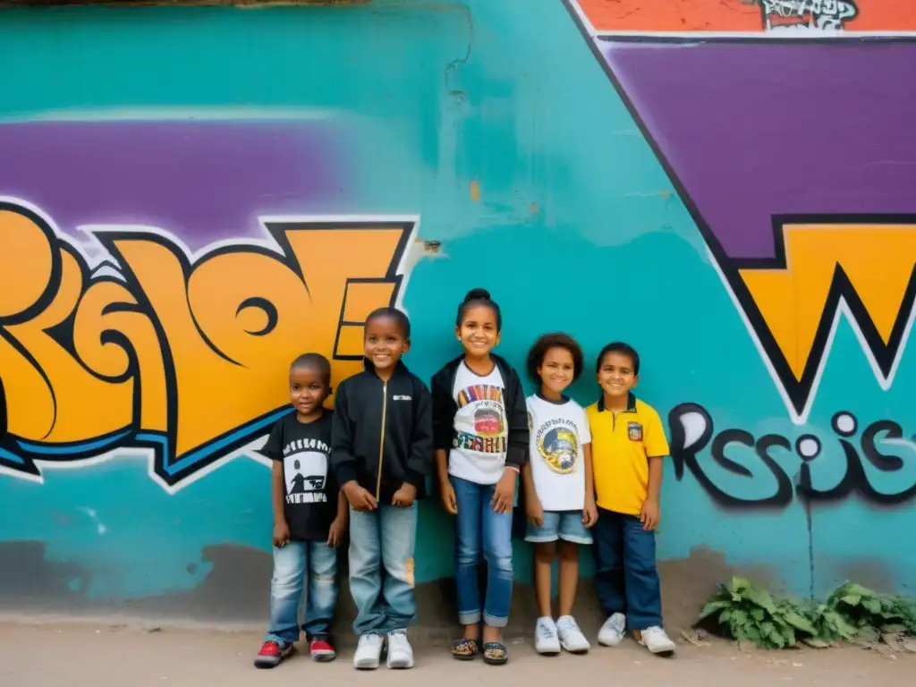 Un grupo de niños de una comunidad marginada frente a un muro graffiteado, reflejando resiliencia y esperanza