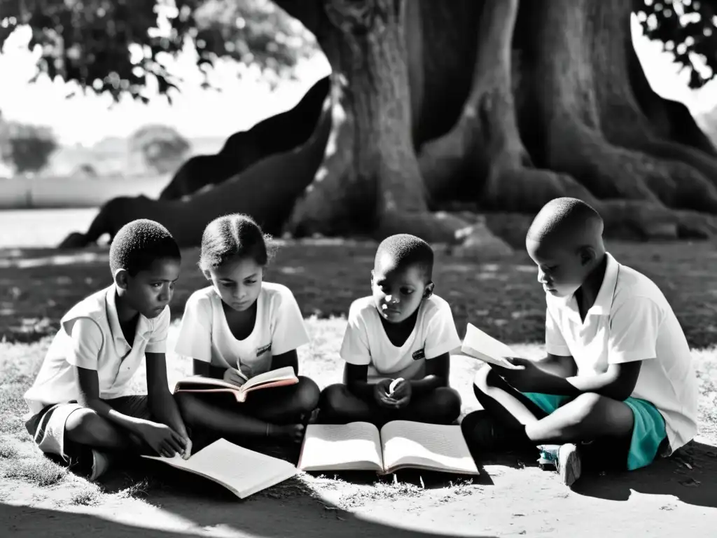 Un grupo de niños de una comunidad marginada, sentados en círculo bajo un árbol, leyendo y escribiendo en cuadernos desgastados