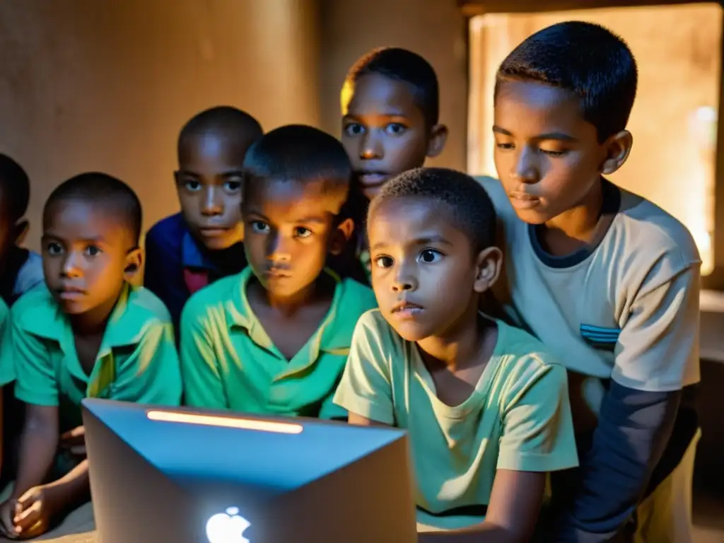 Grupo de niños de una comunidad marginada aprendiendo informática con determinación, impacto brecha digital comunidades marginadas