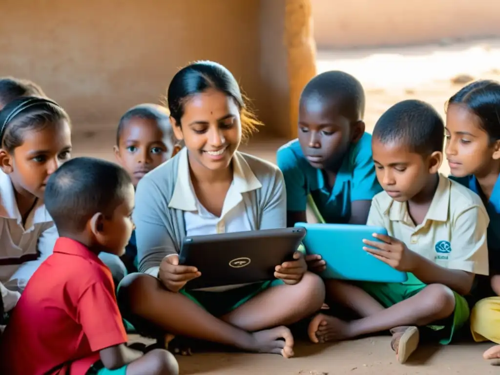 Un grupo de niños de una comunidad marginada aprendiendo sobre tecnología y habilidades digitales al atardecer, con un voluntario guiándolos