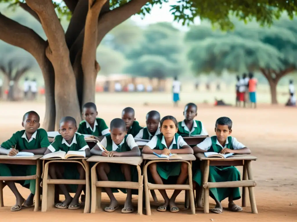 Un grupo de niños de una comunidad marginada estudia bajo un árbol con recursos limitados, mostrando su determinación y esperanza