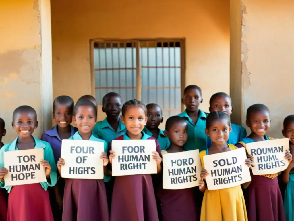 Grupo de niños de una comunidad rural en un país en desarrollo, sosteniendo carteles en apoyo a la educación y los derechos humanos, al atardecer