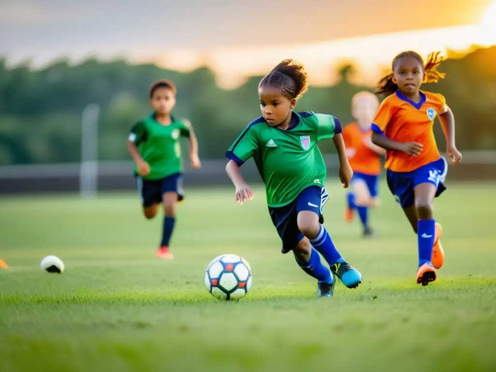 Grupo de niños concentrados jugando fútbol al atardecer