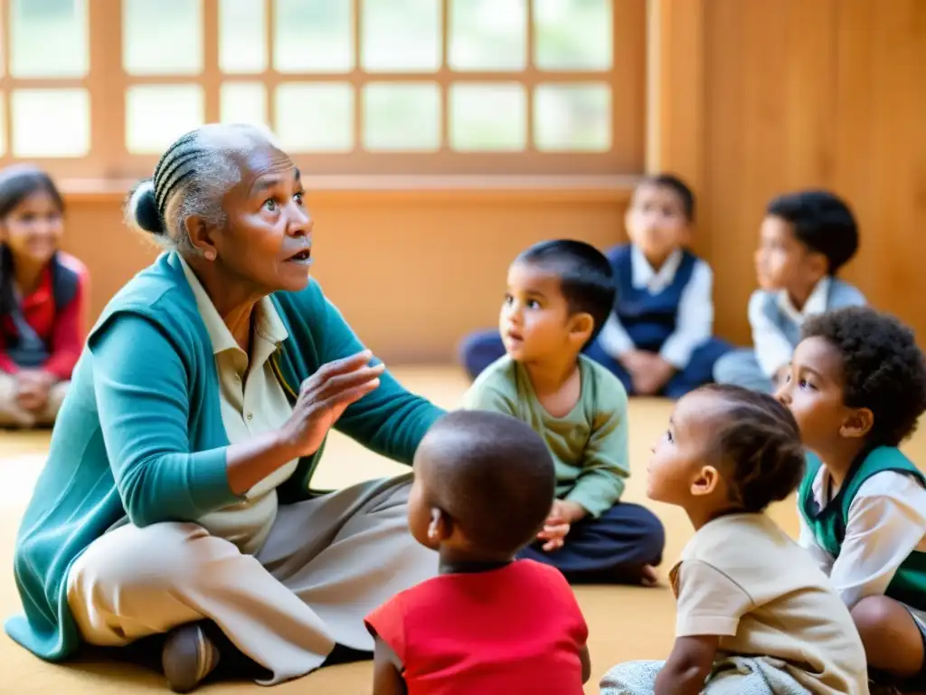 Grupo de niños de distintas culturas escuchando atentamente a un anciano contar historias, resaltando la importancia de la cultura en educación infantil