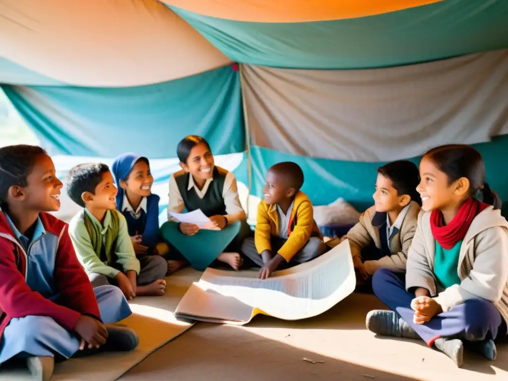 Grupo de niños de diferentes culturas aprendiendo juntos en un aula improvisada en un campamento de refugiados, creando un impacto educativo positivo