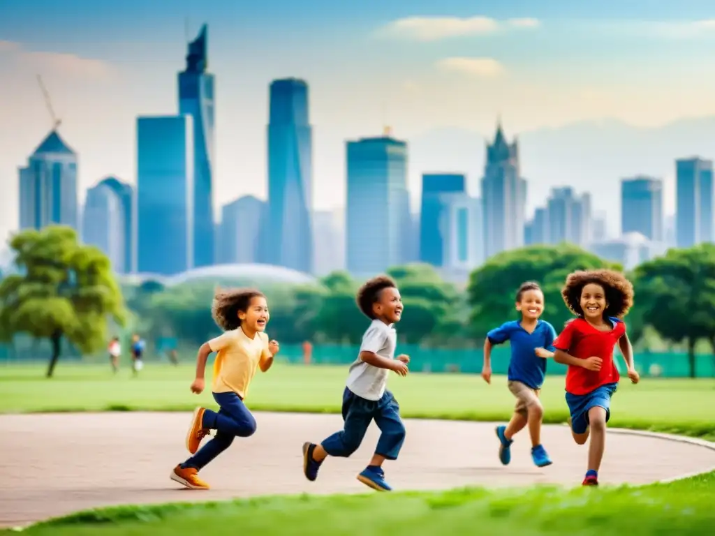 Un grupo de niños de diferentes culturas jugando juntos en el parque, con un horizonte urbano diverso de fondo