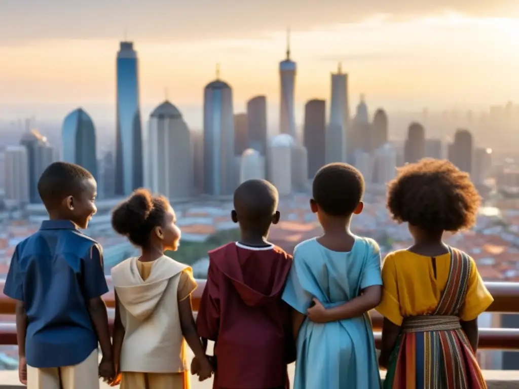 Un grupo de niños de diversas culturas y orígenes, unidos con esperanza y mirando hacia el futuro